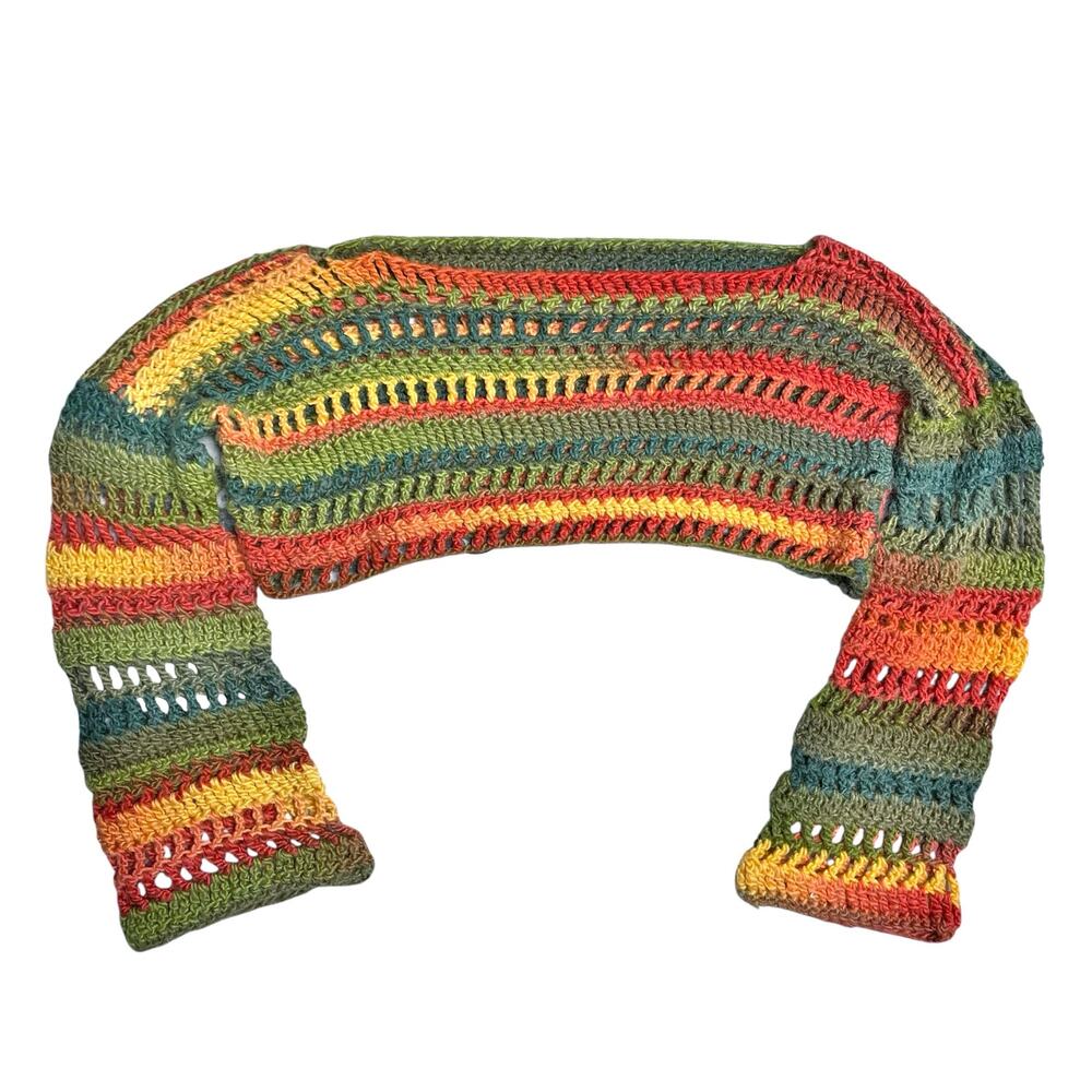 Hand-Crocheted Boho Boatneck Cropped Slouchy Sweater Fall Festival Green Orange